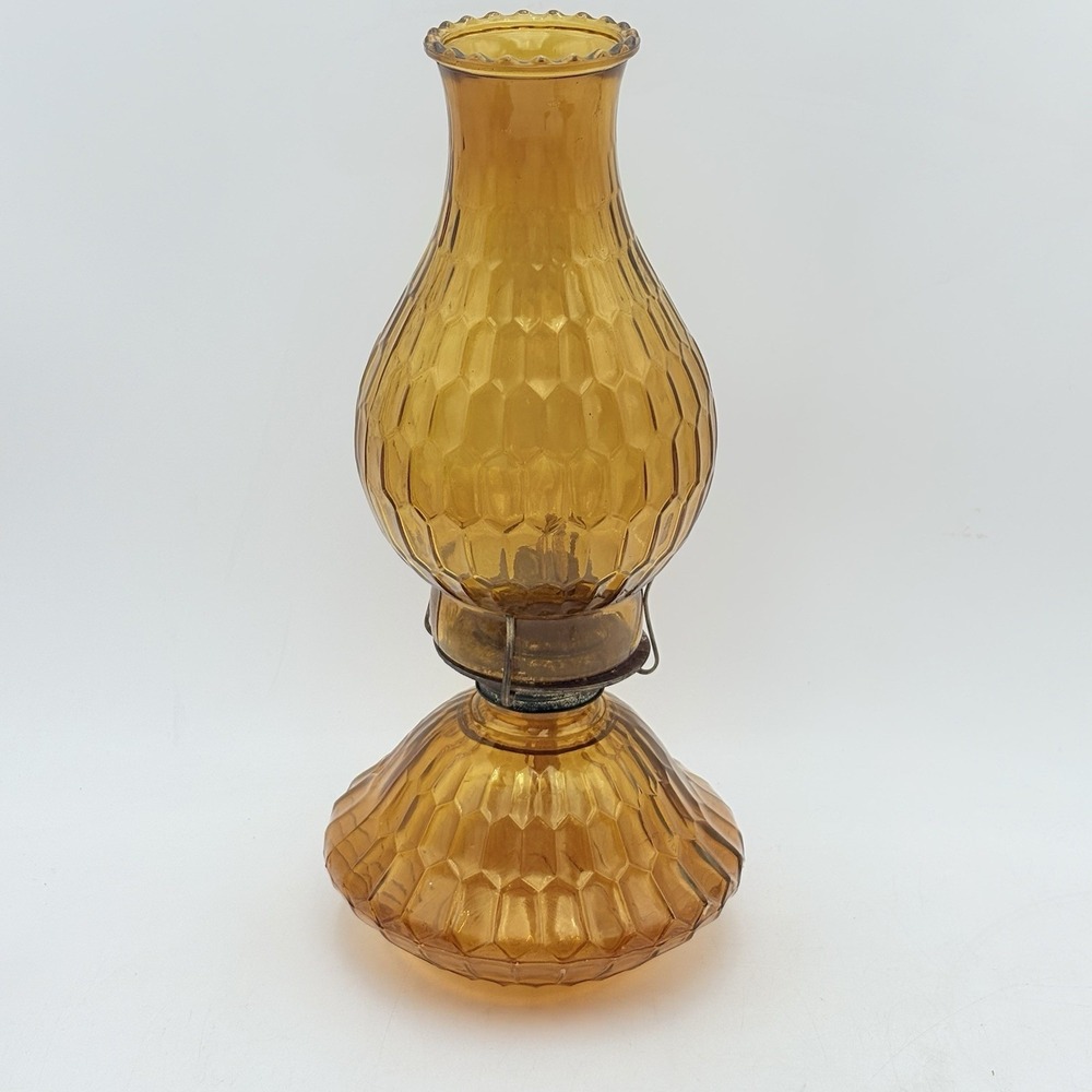 Vintage Jeannette Hex Optic Amber Carnival Glass Oil Lamp w Chimney‎ USA
